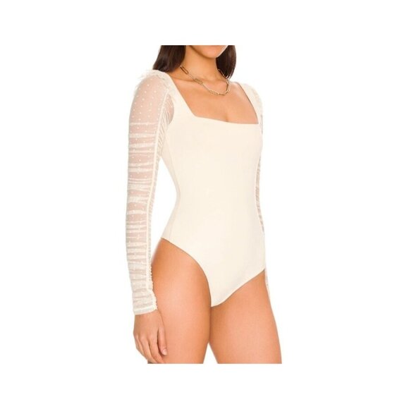 Free People Tops - Free People Must Be Love Bodysuit Ivory With Sheer Polka Dot Long Sleeves Large